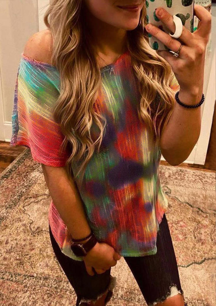 

Tie Dye Open Back Short Sleeve Blouse without Bra, Multicolor, SCM000428