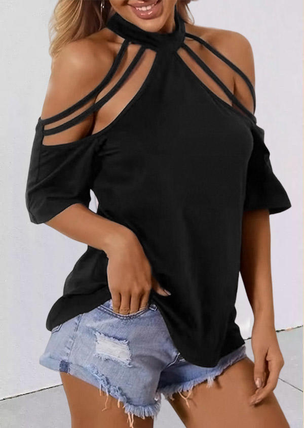 

Cut Out Cold Shoulder Casual Blouse - Black, SCM012240