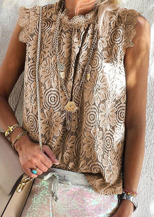 

Lace Splicing Sleeveless O-Neck Blouse - Khaki, SCM012680