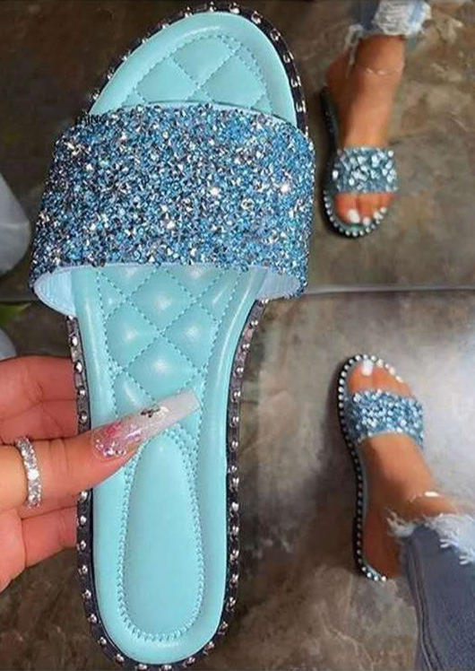 

Rhinestone Glitter Round Toe Flat Slippers - Blue, SCM013029