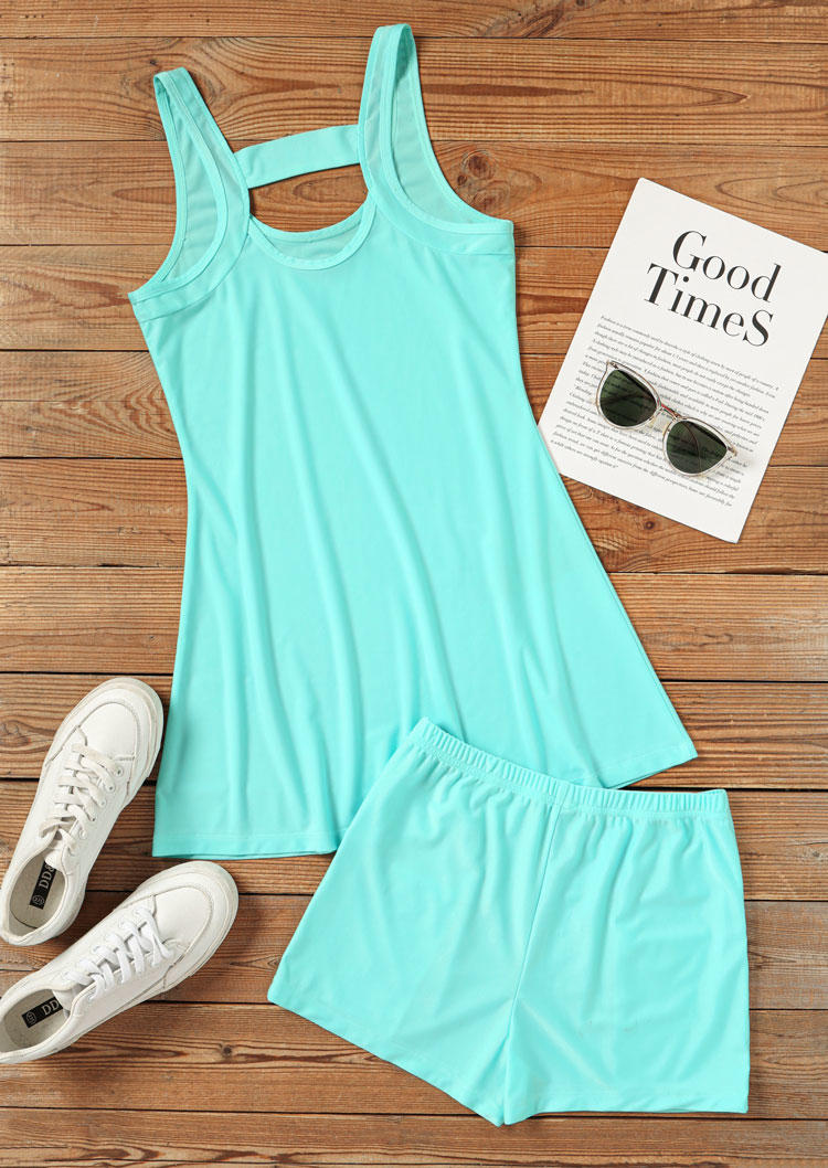 Hollow Out Mini Skirt And Shorts Two-Piece Set - Cyan