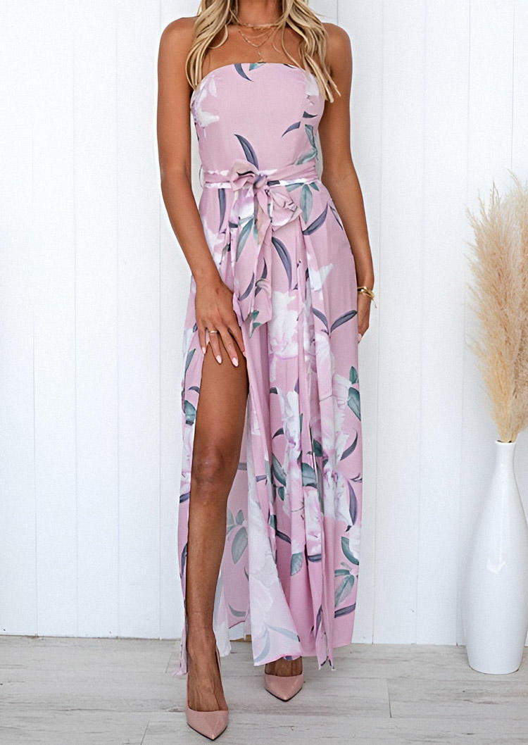 

Floral Pocket Slit Strapless Bandeau Jumpsuit, Multicolor, SCM013051