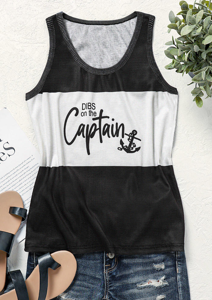 Dibs On The Captain Anchor Color Block Ribbed Tank - Black