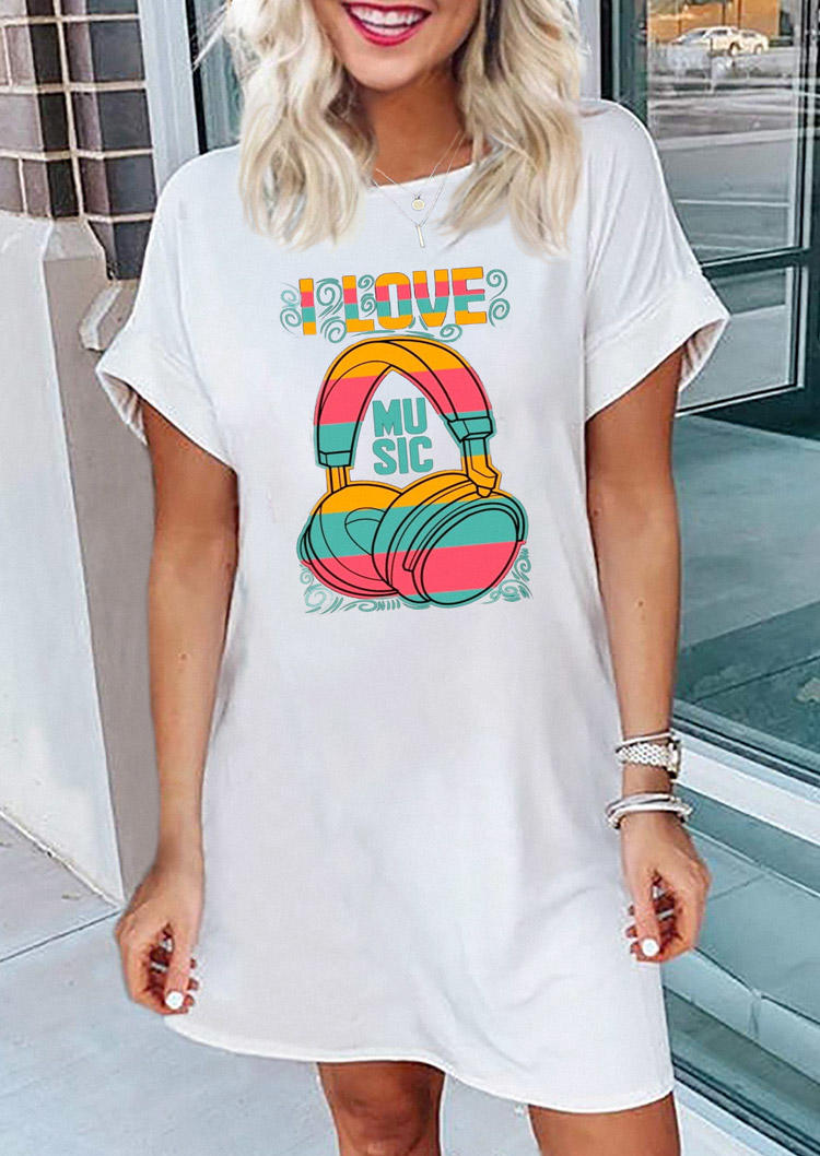 

I Love Music Short Sleeve Mini Dress - White, SCM013260