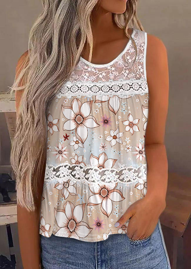 

Floral Lace Splicing O-Neck Tank, Multicolor, SCM011365