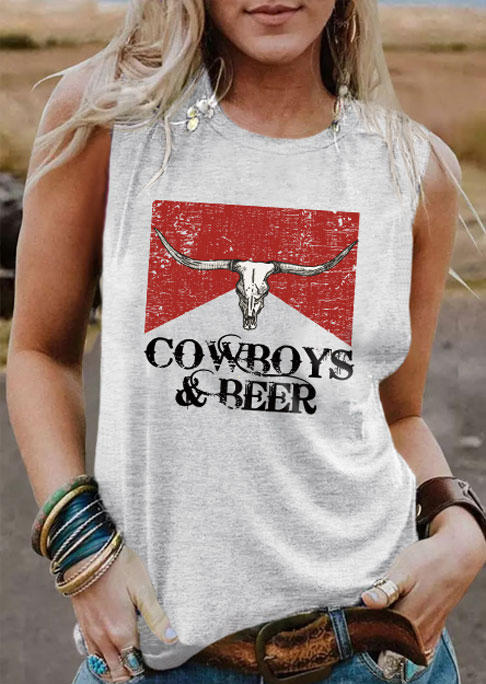 

Cowboys & Beer Steer Skull Tank - Light Grey, Gray, SCM011829