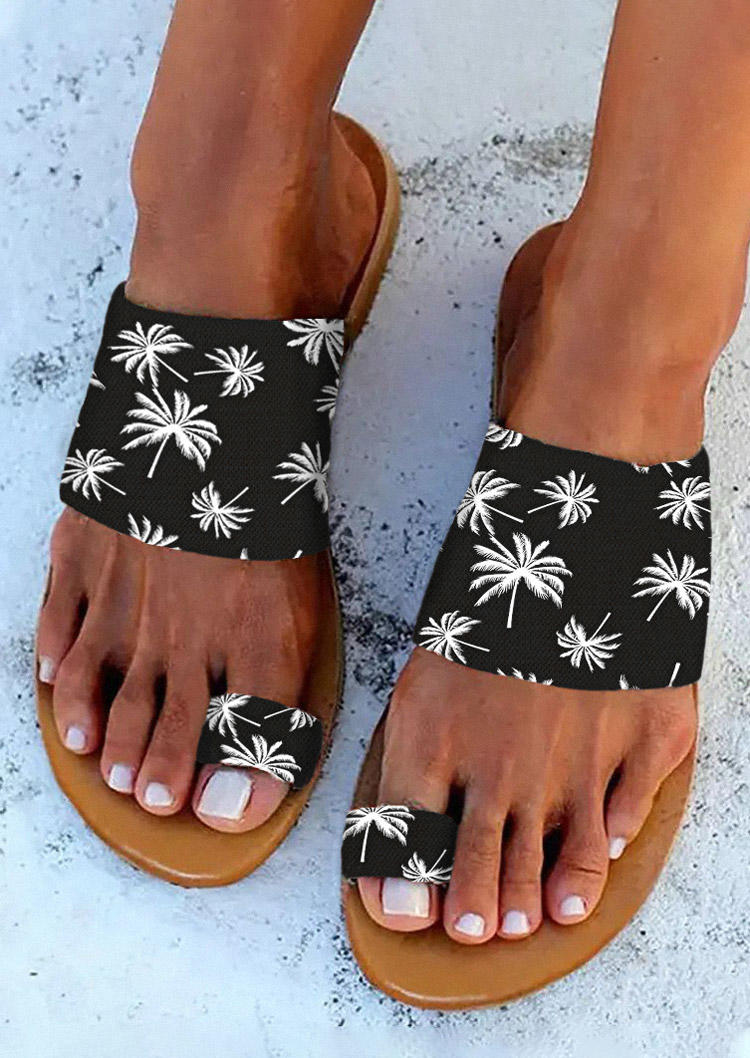 

Coconut Tree Toe Ring PU Leather Slippers - Black, SCM012416