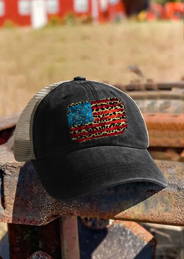 

American Flag Leopard Mesh Baseball Cap, Black, SCM012521