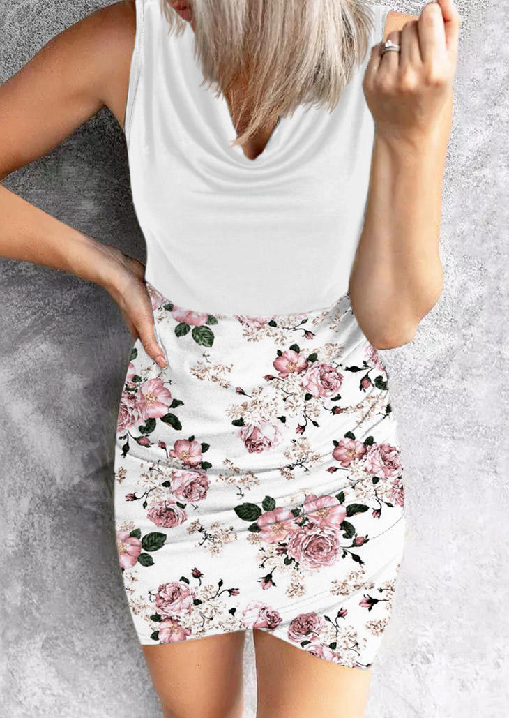 

Floral Ruched Cowl Neck Bodycon Dress - White, SCM013046