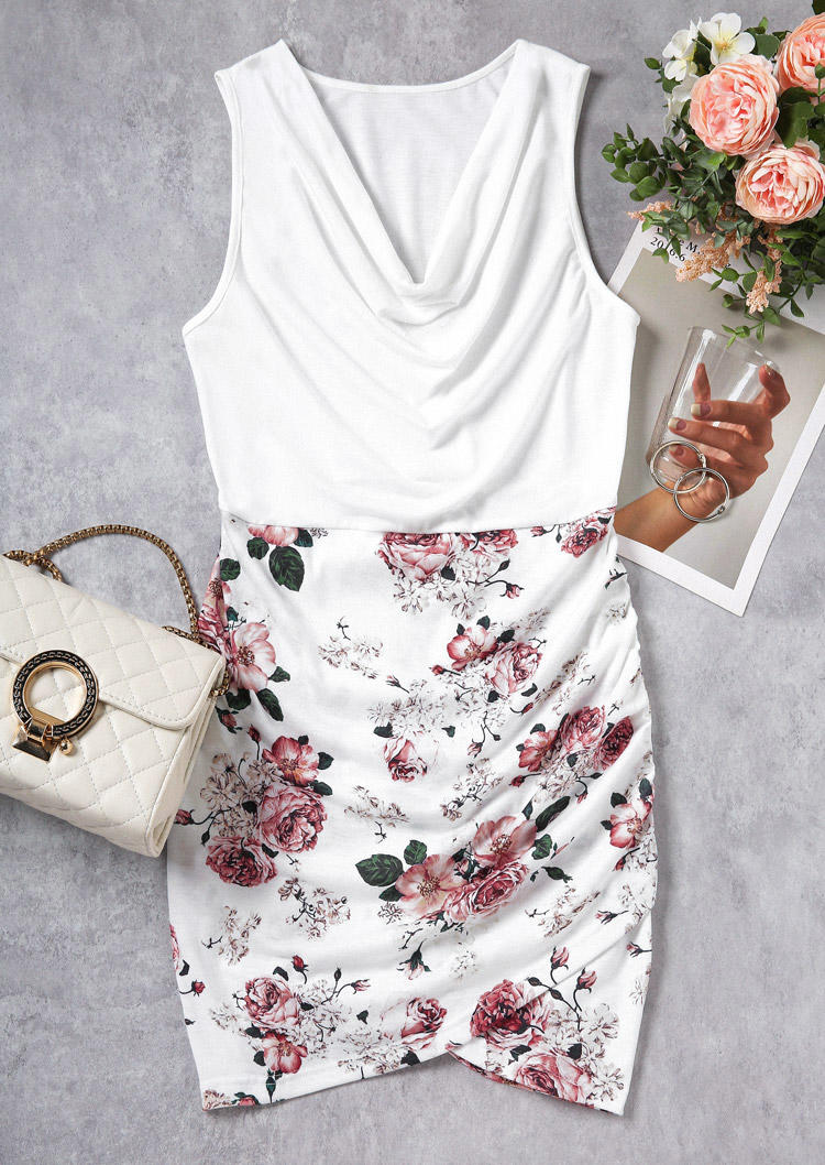 Floral Ruched Cowl Neck Bodycon Dress - White