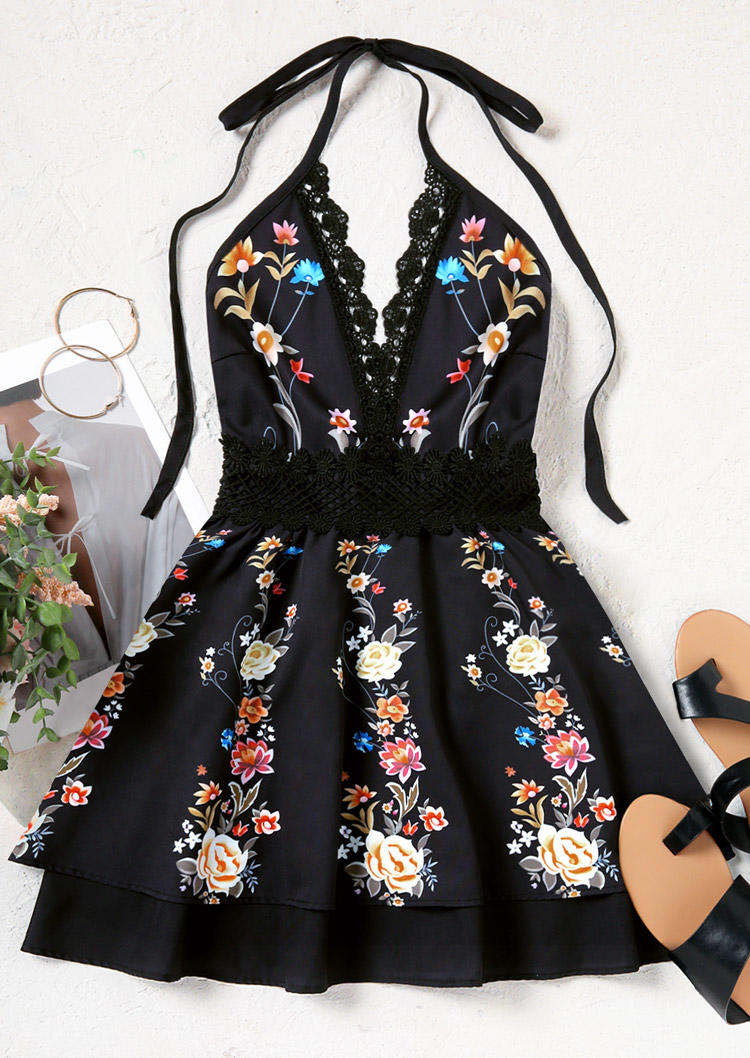 Floral Lace Open Back Halter Mini Dress - Black