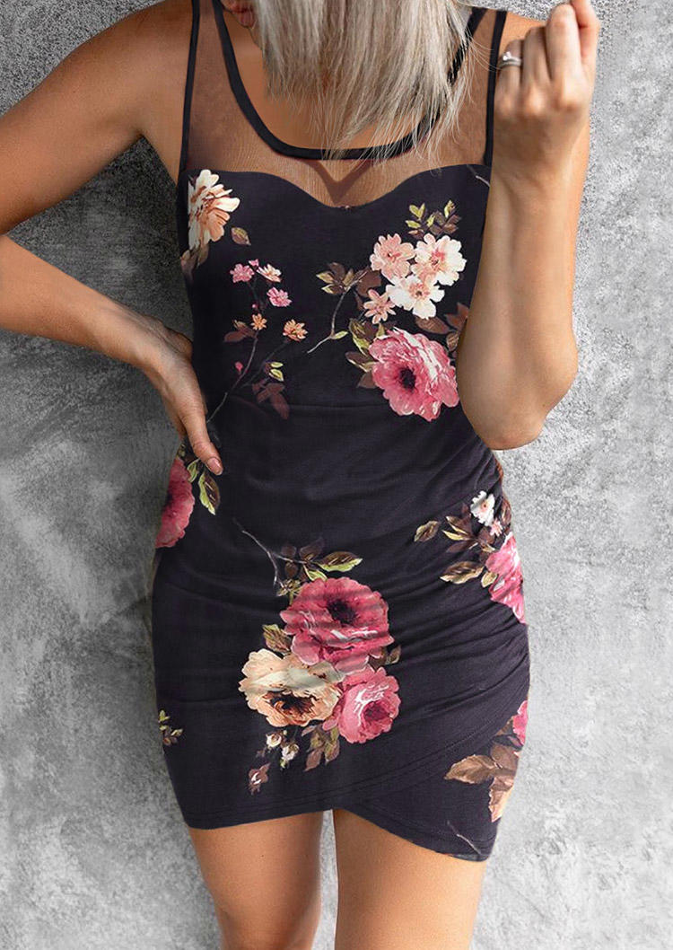 

Floral Mesh Ruched Asymmetrical Bodycon Dress, Multicolor, SCM013205