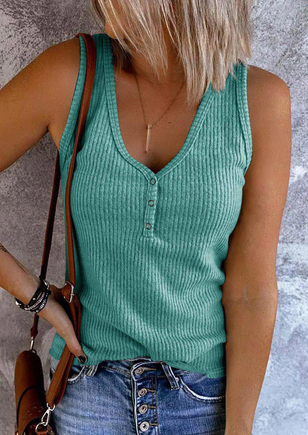 

Snap Button Ribbed V-Neck Tank - Lake Blue, SCM013215