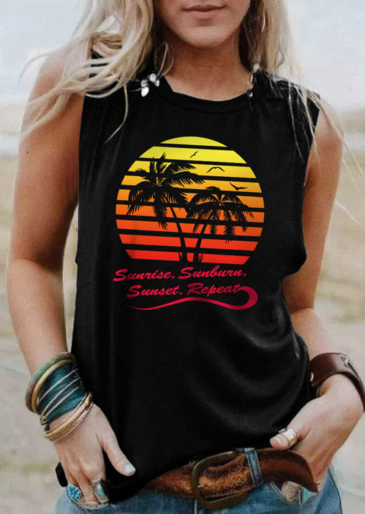 

Sunrise Sunburn Sunset Repeat Coconut Tree Tank - Black, SCM011616