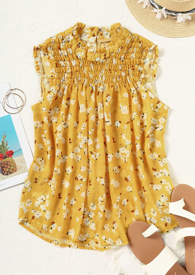 Ditsy Floral Smocked Hollow Out Ruffled Tank
