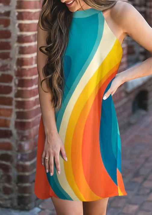 

Vintage Colorful Striped Sleeveless Mini Dress, Multicolor, SCM013319