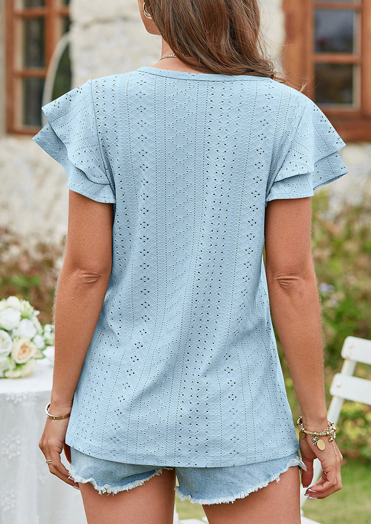 Hollow Out Layered Ruffled Blouse - Sky Blue