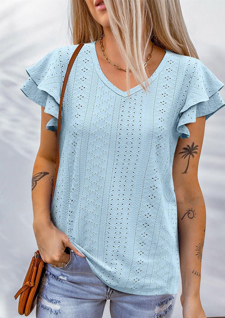 

Hollow Out Layered Ruffled Blouse - Sky Blue, SCM013332
