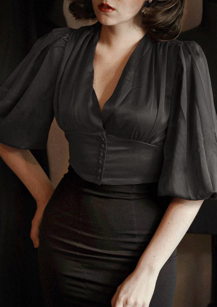 

Front Button Puff Sleeve Satin Crop Blouse - Black, SCM013457