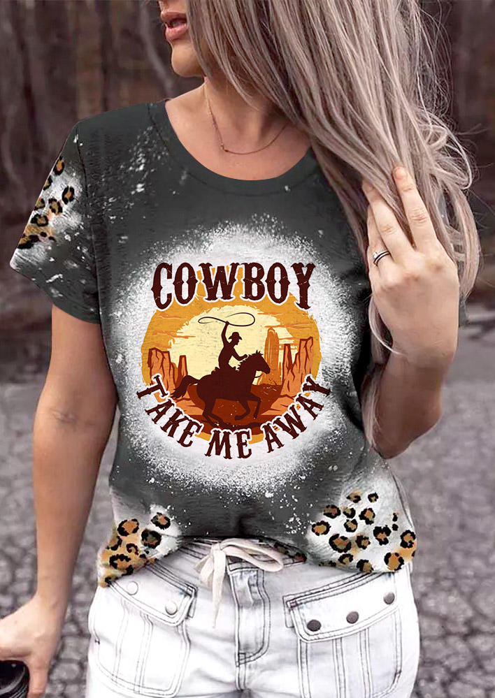 Cowboy Take Me Away Leopard Bleached T-Shirt Tee - Gray
