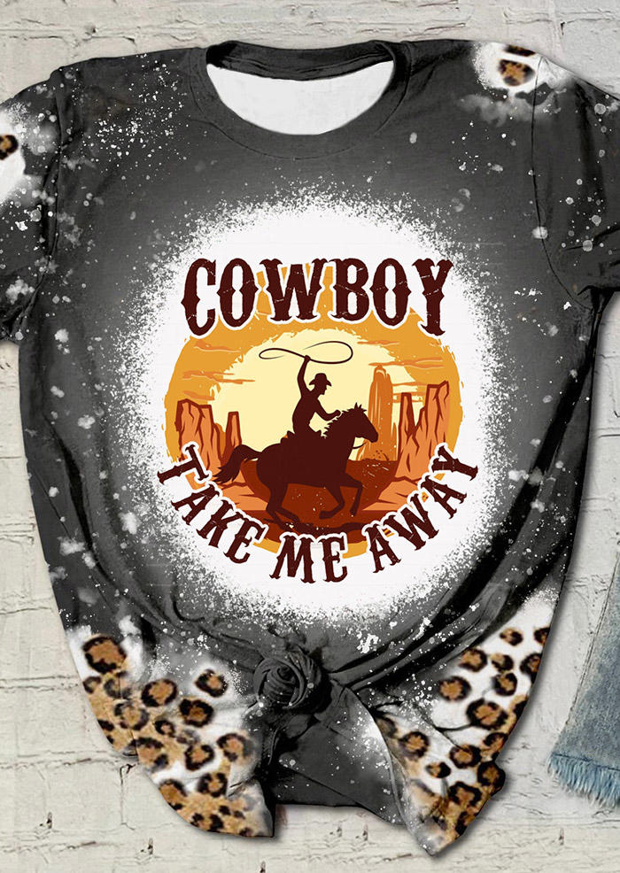 

Cowboy Take Me Away Leopard Bleached T-Shirt Tee - Gray, SCM013285