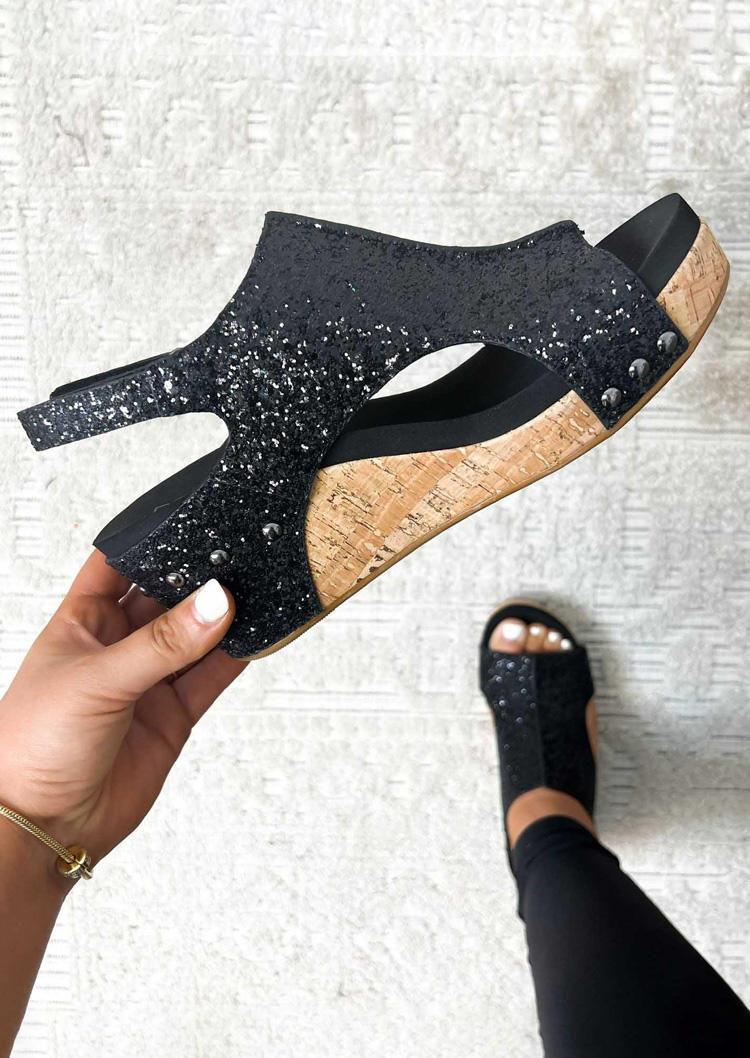 

Glitter Peep Toe Wedge Sandals - Black, SCM012417