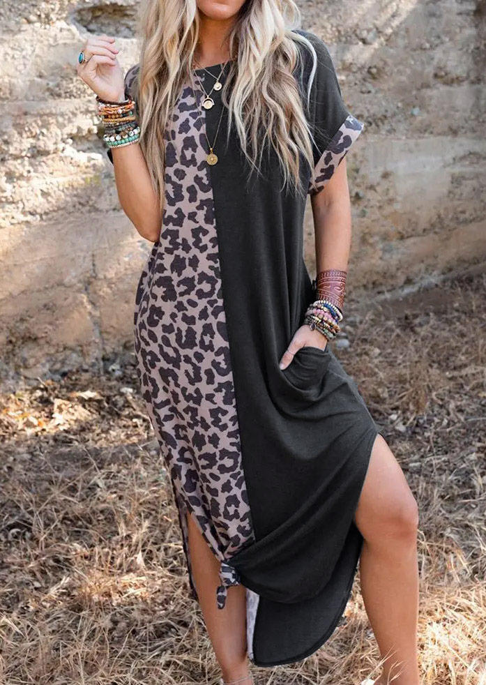 

Leopard Color Block Slit Pocket Maxi Dress, Multicolor, SCM012951