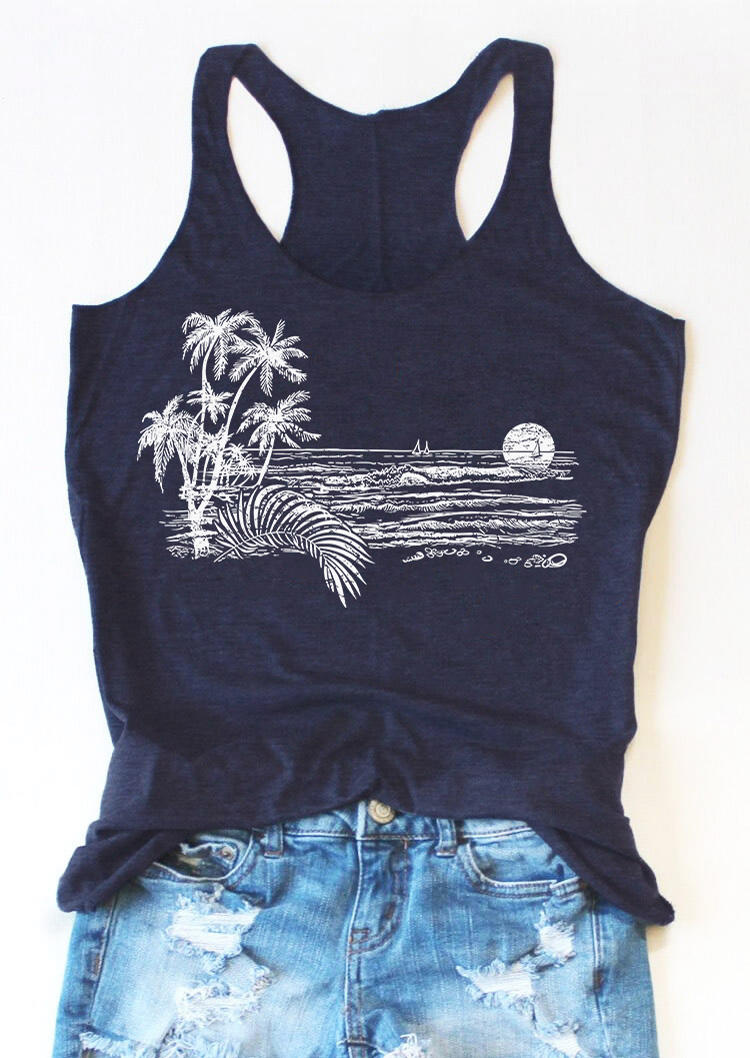 

Coconut Tree Palm Leaf Ocean Racerback Tank - Navy Blue, SCM013486