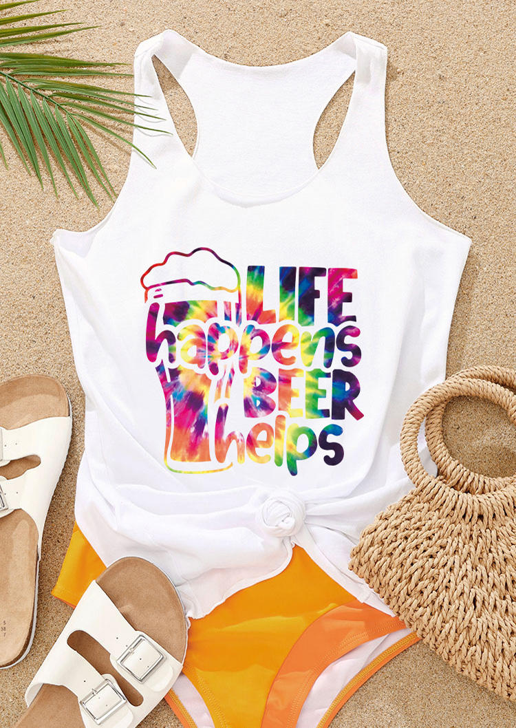 

Life Happens Beer Helps Tie Dye Racerback Tank - White, SCM013498