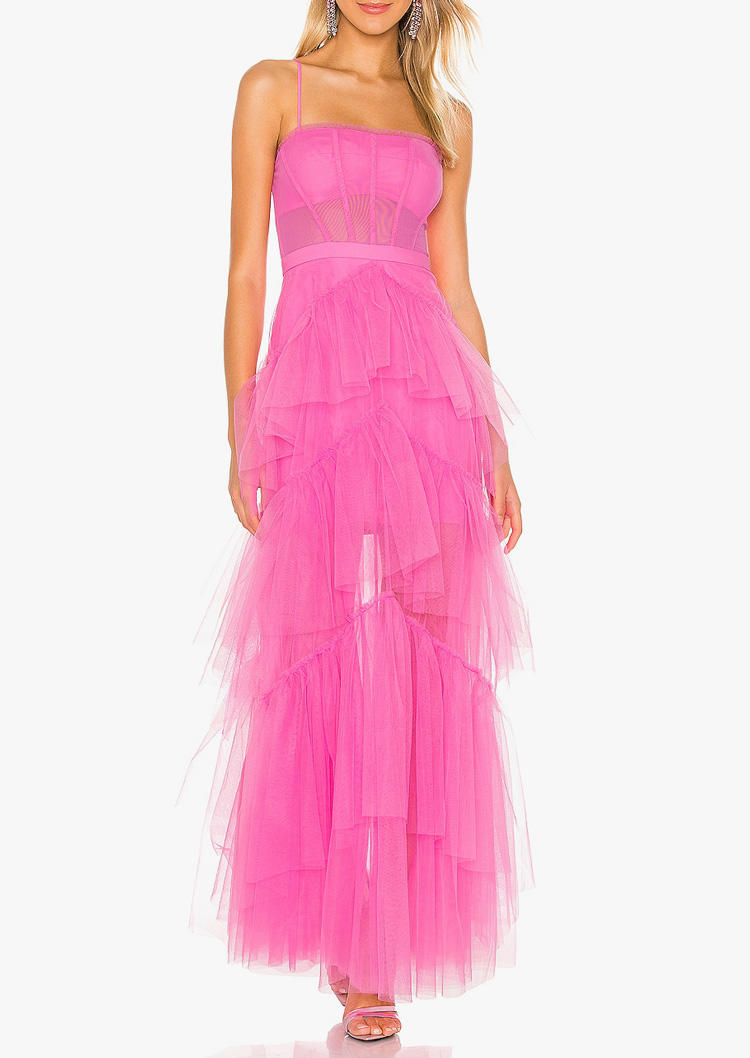 

Mesh Splicing Spaghetti Strap Open Back Prom Dress - Pink, SCM013502