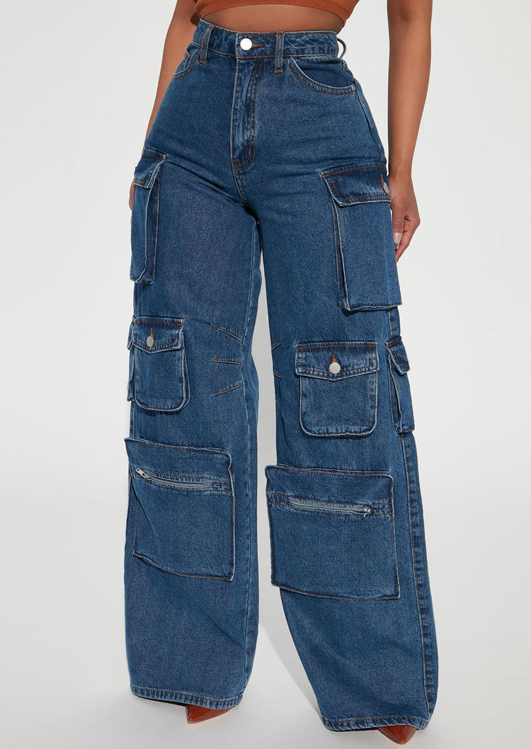 

Pocket High Waist Cargo Overalls Jeans - Blue, SCM013503