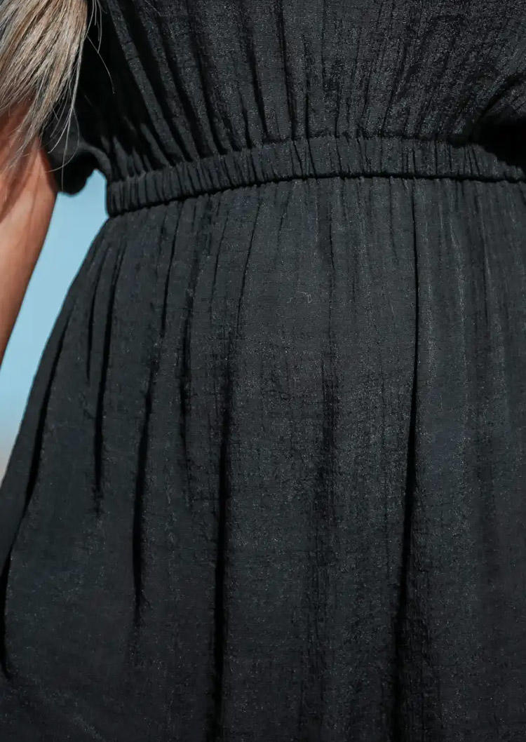 Ruffled Tie Lace Splicing Elastic Waist Mini Dress - Black