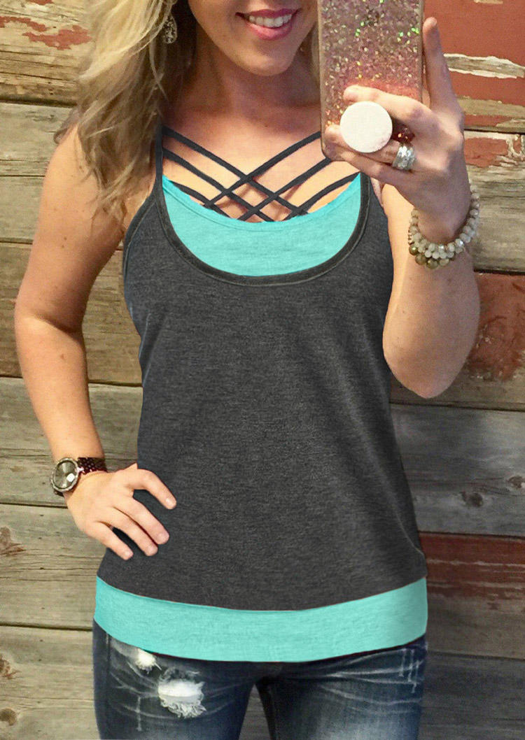 

Color Block Criss-Cross Fake Two-Piece Camisole - Dark Grey, Gray, SCM012295
