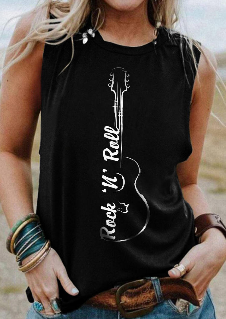

Letter Guitar O-Neck Casual Tank - Black, SCM012460