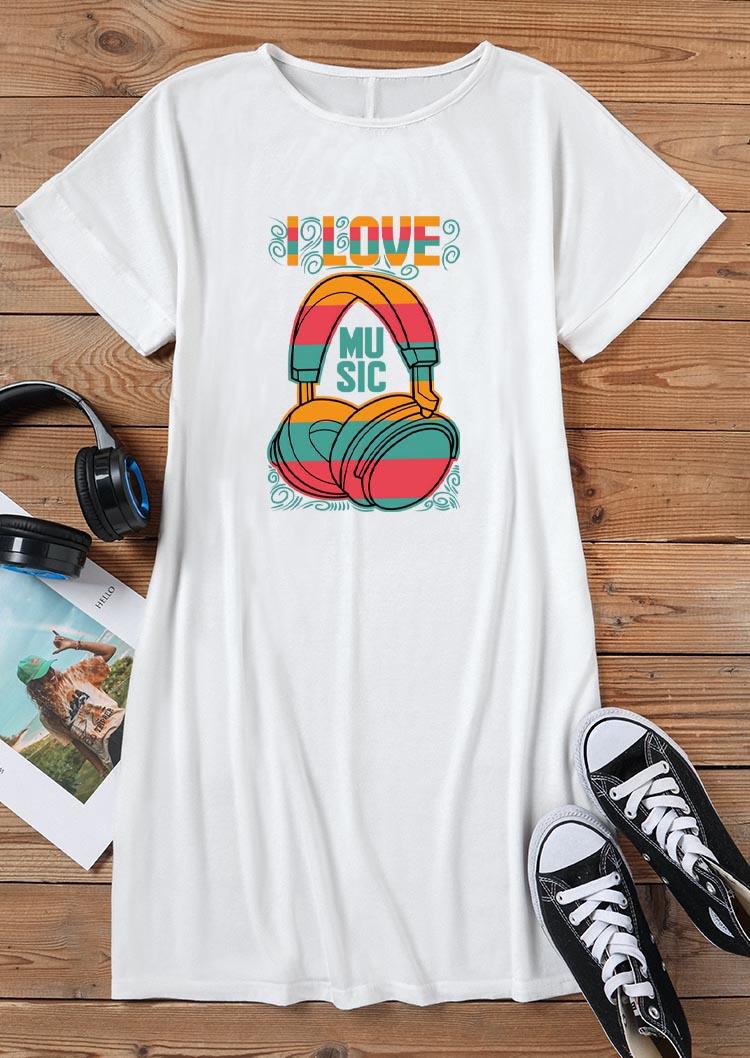 I Love Music Short Sleeve Mini Dress - White