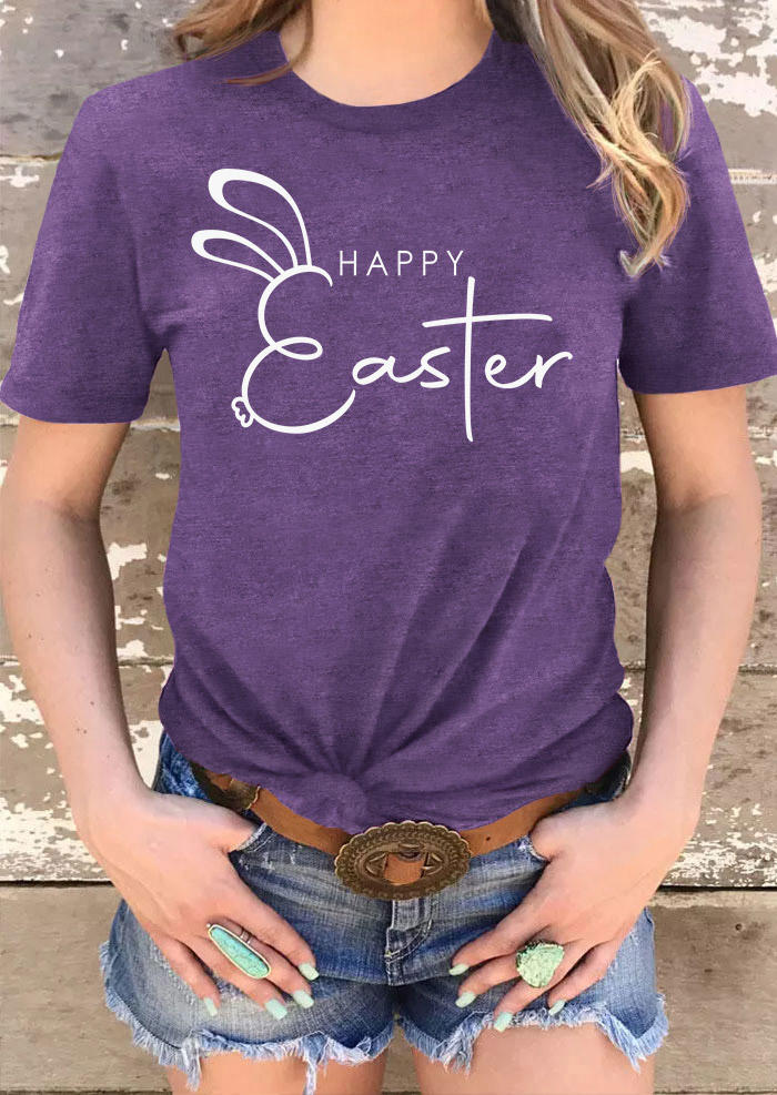 Happy Easter Rabbit O-Neck T-Shirt Tee - Purple