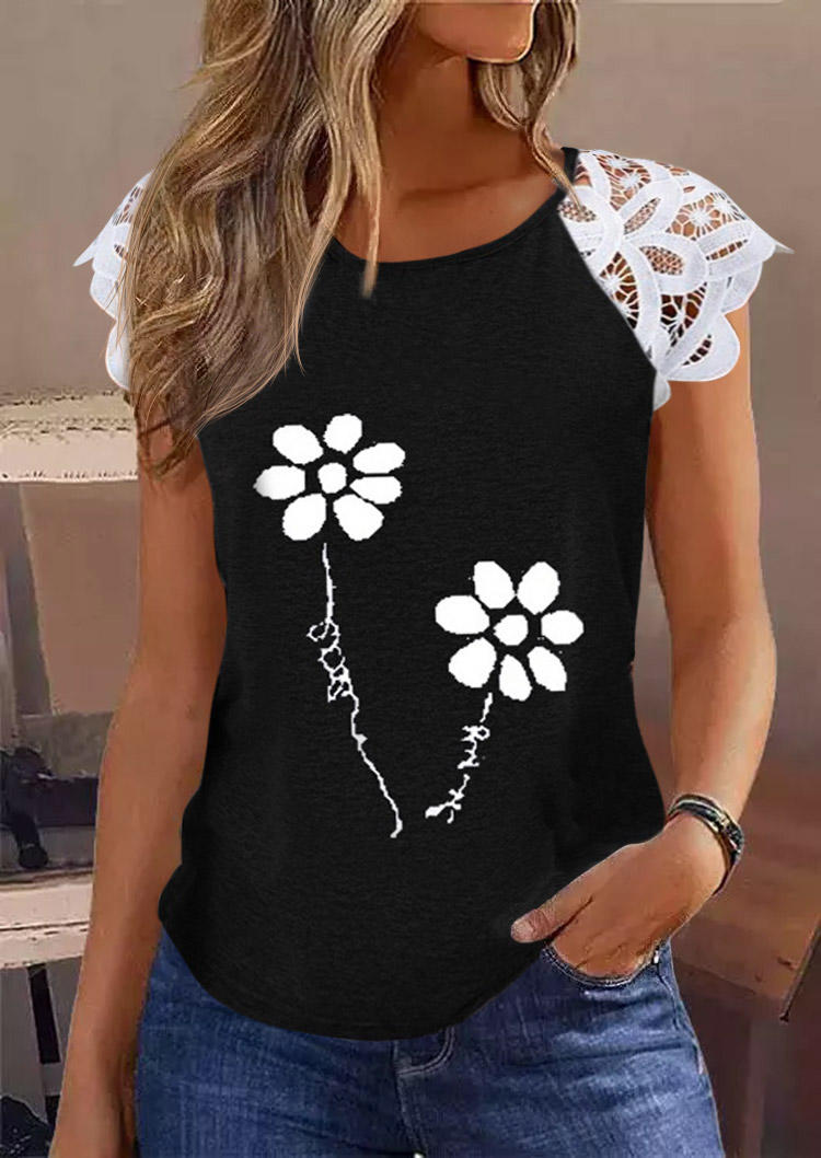 

Floral Lace Raglan Sleeve Blouse - Black, SCM013488