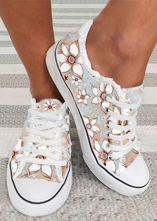 Floral Lace Up Round Toe Flat Sneakers