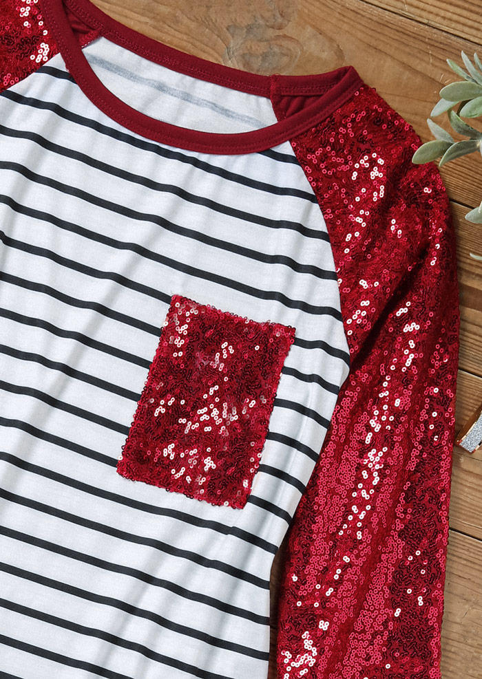 Sequined Pocket Splicing Lace Striped Blouse
