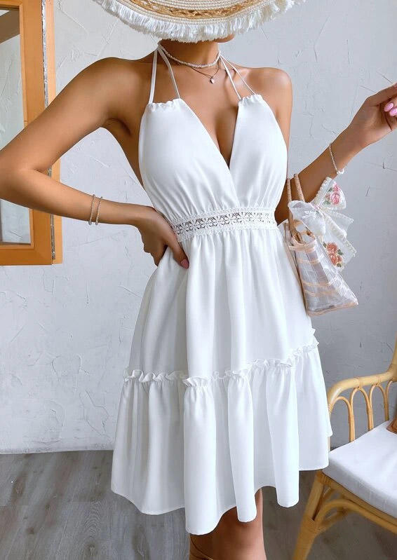 Lace Splicing Ruffled Halter V-Neck Mini Dress - White