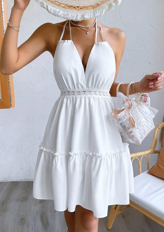 

Lace Splicing Ruffled Halter V-Neck Mini Dress - White, SCM012236