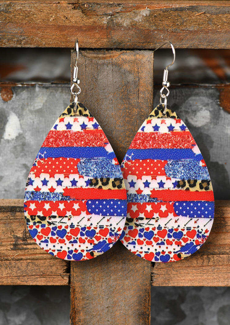 

American Flag Leopard Heart Water Drop Earrings, Multicolor, SCM012576
