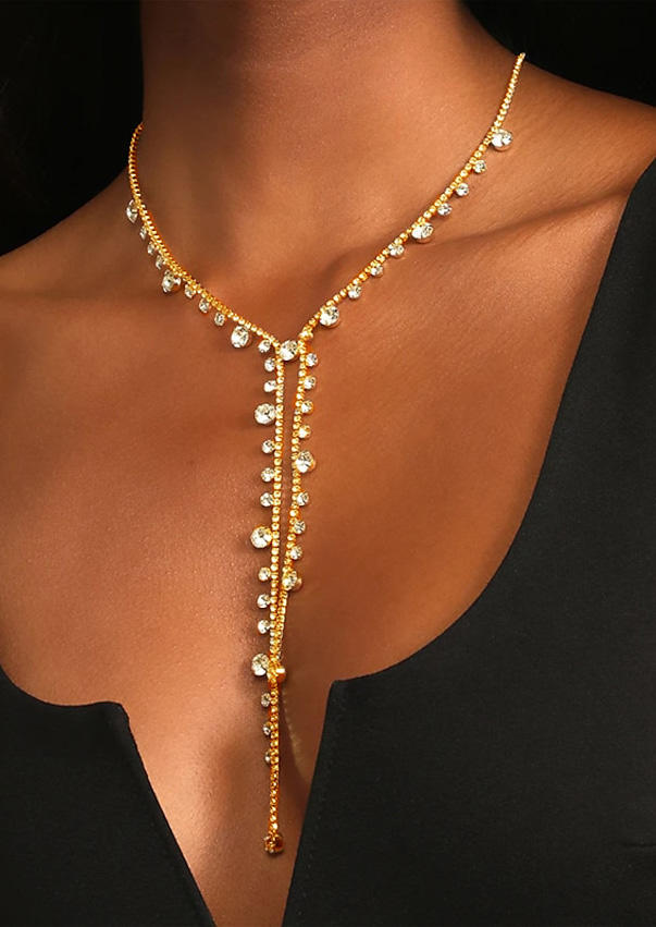 

Rhinestone Long Tassel Pendant Necklace, Gold, SCM013238