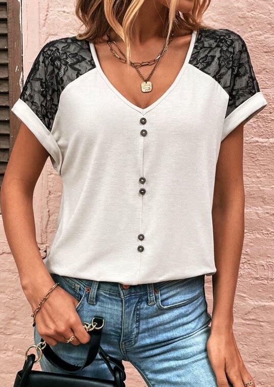 

Button Lace Splicing V-Neck Blouse - White, SCM013596