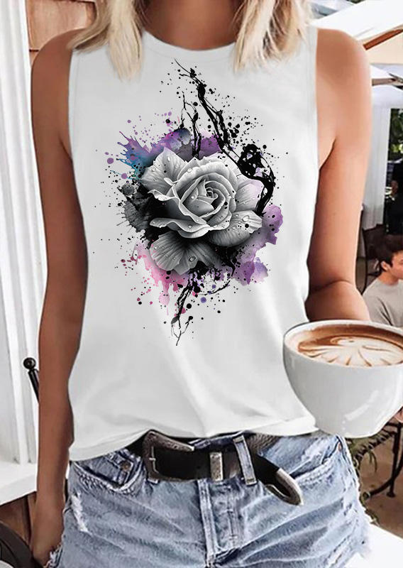 

Floral O-Neck Casual Tank - White, SCM013599