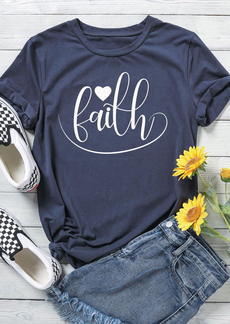 Faith Heart O-Neck T-Shirt Tee - Navy Blue