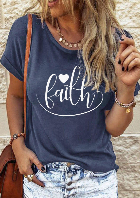

Faith Heart O-Neck T-Shirt Tee - Navy Blue, SCM013608