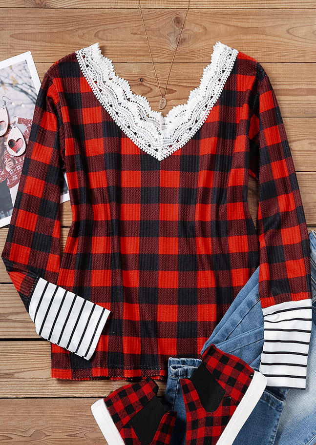 Plaid Lace Splicing Knitted Long Sleeve Blouse