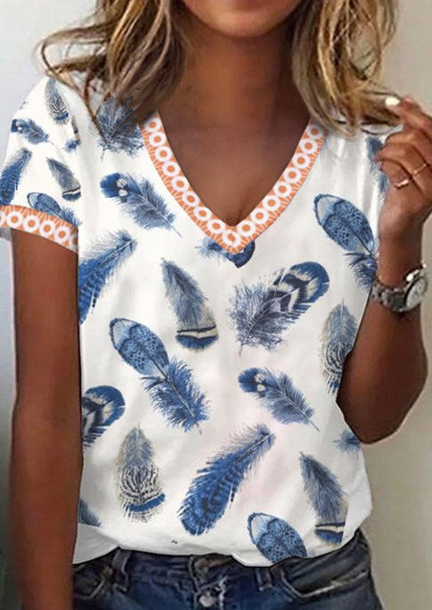 

Feather Short Sleeve V-Neck Blouse - White, SCM011966