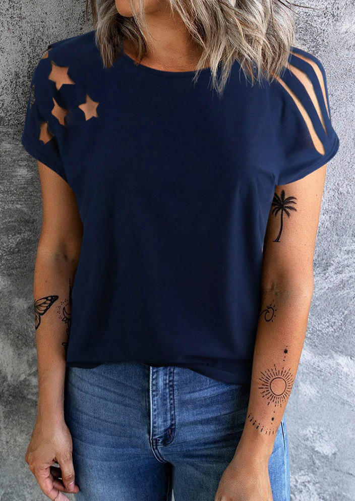 

American Flag Hollow Out O-Neck Blouse, Blue, SCM012842